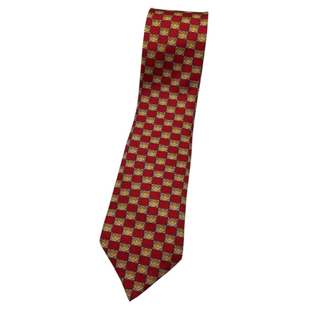 LANCEL Men's 100% Silk Necktie LUXURY Tie Red Gold Geometric W:3.7" EUC